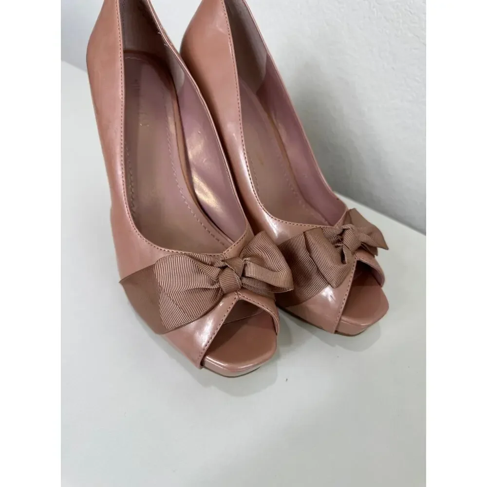 Nine West Fealey Peep Toe Bow Leather Pumps Heels Formal Office Pink Beige 7.5